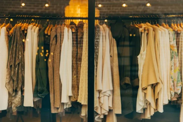 Sustainable Fashion: How to Build a Wardrobe That Lasts Rows of neutral-toned clothes hanging on racks in a warmly lit boutique